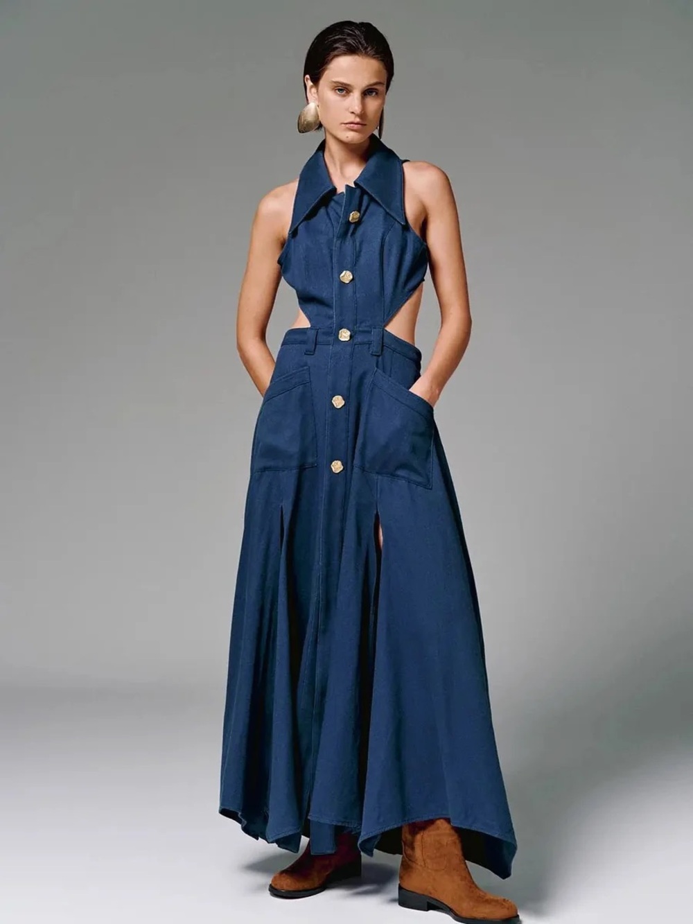 Sleeveless Navy Cutout Maxi Dress with Button Front